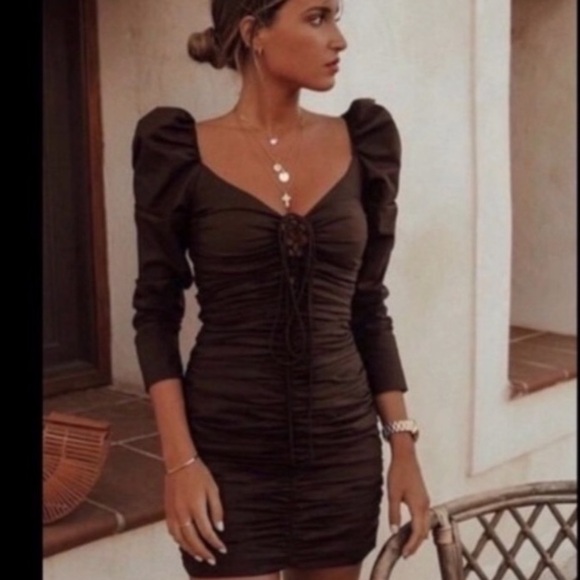 ZARA Women Studio. Chocolate Brown Long sleeve Ruched Mini Dress. Size M. Sexy! - Picture 1 of 11
